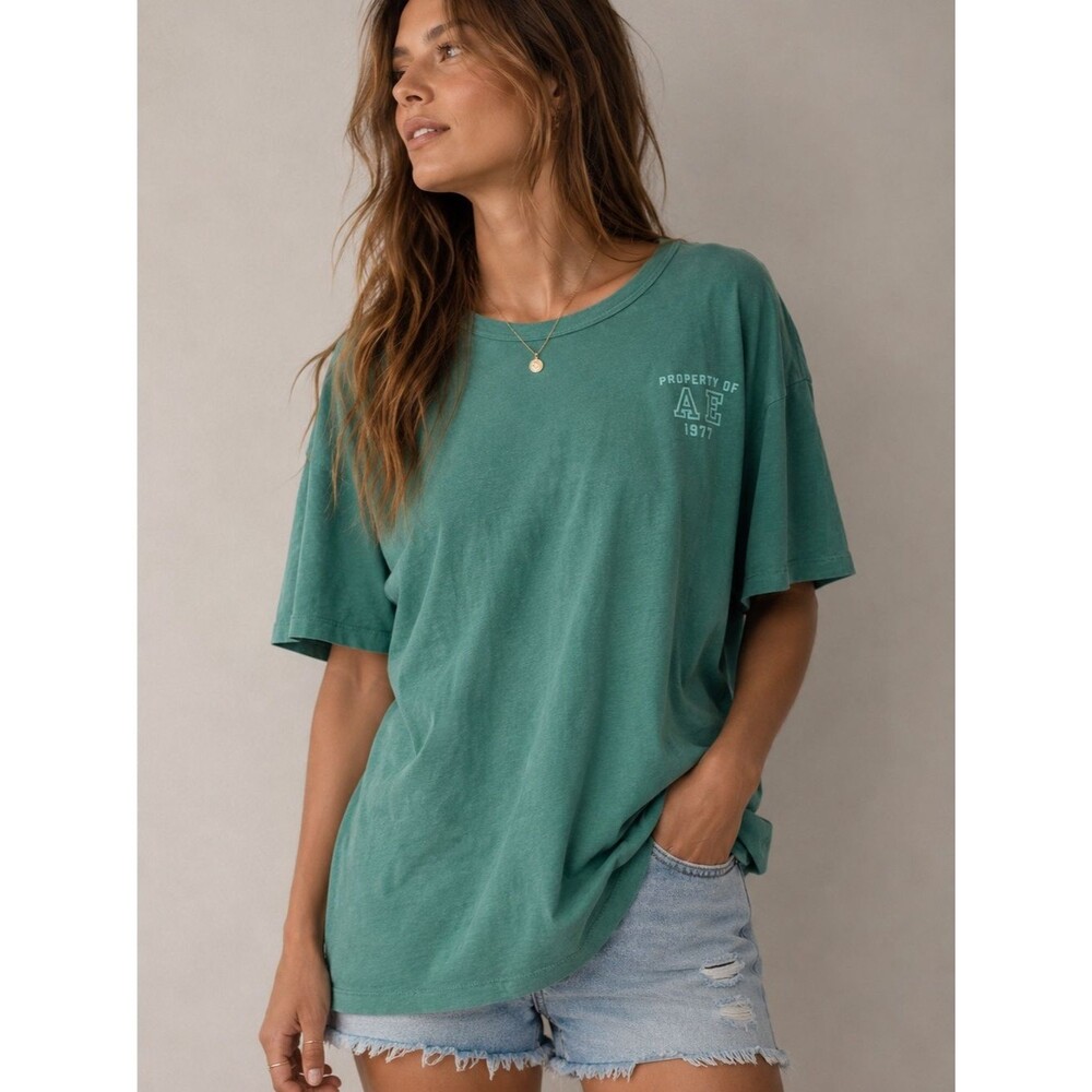NWT American Eagle Crew Neck Graphic Tee Green Property of AE 1977 T-Shirt Women